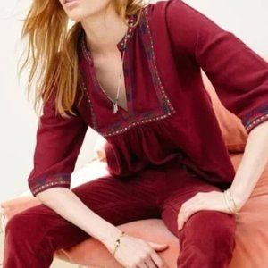 Madewell $108 Women's Wool Boheme Embroidered Peasant Popover Shirt Burgundy Red